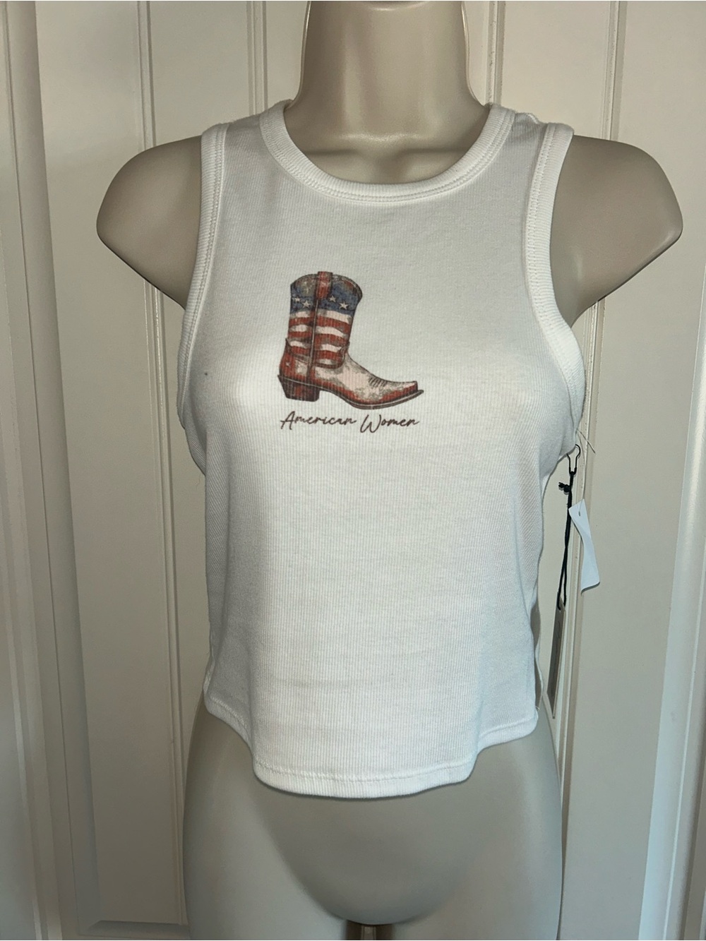NWT Originality White Ribbed Tank Top with Cowboy Boot Sz S State Fair Rodeo - Picture 2 of 7